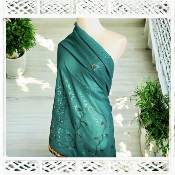 Saree Sari Teal Green Blue Gold Metallic Sequined Embroidered Floral Scarf - Picture 1 of 8
